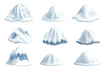 Collection of fluffy white snowdrifts isolated on transparent background. Collection set of snow caps isolated on white background.