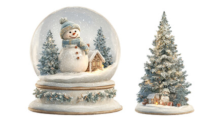 Snow globe with snowman and christmas tree in cozy cabin scene isolated high resolution glass dome winter holiday decoration festive clipart for cards invitations posters packaging and decor