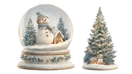 Snow globe with snowman and christmas tree in cozy cabin scene isolated high resolution glass dome winter holiday decoration festive clipart for cards invitations posters packaging and decor