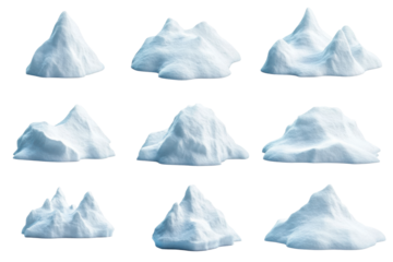 Collection of fluffy white snowdrifts isolated on transparent background. Collection set of snow caps isolated on white background.