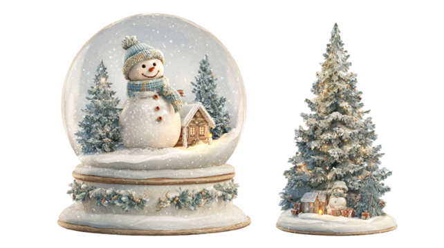 Snow globe with snowman and christmas tree in cozy cabin scene isolated high resolution glass dome winter holiday decoration festive clipart for cards invitations posters packaging and decor - Powered by Adobe
