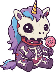 Cute spooky zombie unicorn cartoon illustration with lollipop, Halloween fantasy character design in colorful vector art style © Clipart Galaxy