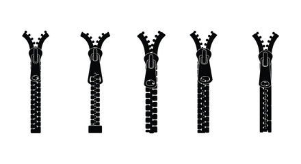 Five black zipper illustrations in varying states of zipped or unzipped position