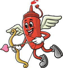 Cartoon mascot of a ketchup bottle being cupid