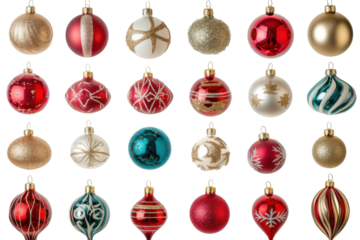 Collection of christmas ornaments in various designs isolated on transparent background. Collection set of various christmas ornaments isolated on white background.