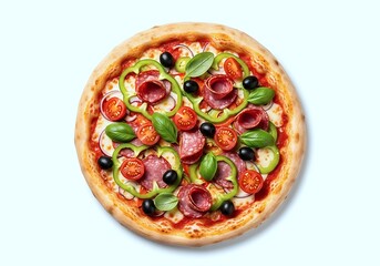 An Italian Pizza Topped With Salami, Green Peppers, Black Olives, Tomatoes, And Fresh Basil Leaves On A Light Background.