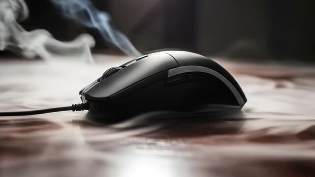 Wired Gaming Mouse Emitting Smoke on a Wooden Table.
