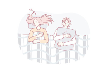 Sleepless anxiety people during the night. Vector illustration of awaked couple during the night suffering of insomnia problem