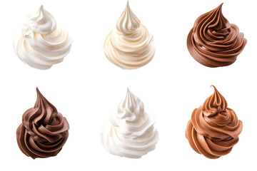 Swirls of whipped cream and chocolate mousse isolated on transparent background. Collection set of white and chocolate whipped cream isolated on white background.