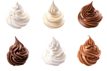 Swirls of whipped cream and chocolate mousse isolated on transparent background. Collection set of white and chocolate whipped cream isolated on white background.