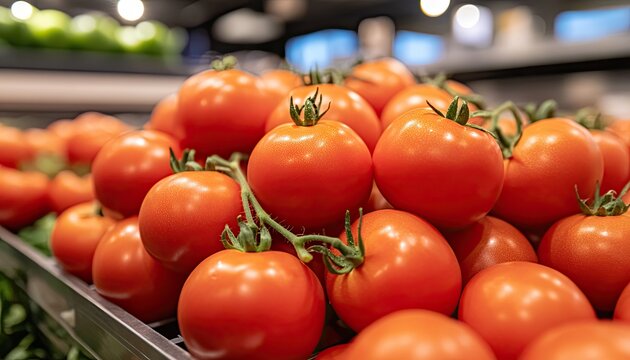 Fresh, ripe tomatoes piled high in a grocery store