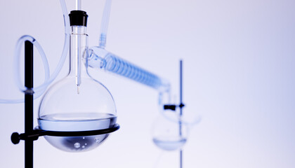 Laboratory glassware for a chemical experiment. 3D illustration of a distillation setup with a boiling flask and coil condenser. Clean, modern aesthetic for science, tech, and medical banners.