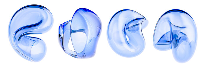 Abstract blue glass or liquid shapes isolated on white. A 3D illustration with flowing, organic forms for modern art, futuristic design or technology backgrounds.
