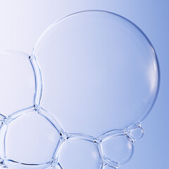 Macro shot of clean, transparent soap bubbles against a blue gradient background. 3d rendering.