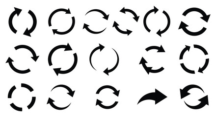 Collection of various black circular arrow icons in a grid pattern