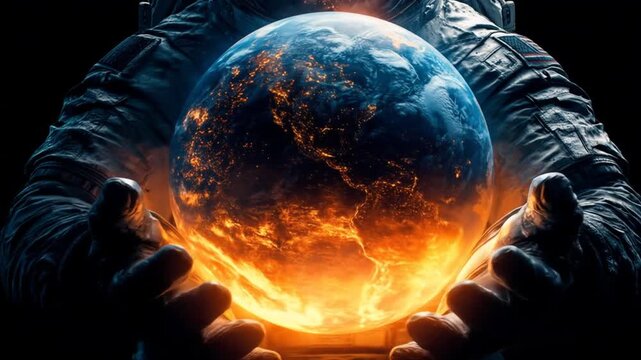 Astronaut holds earth planetary body with glowing lava like surface