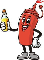 Cartoon mascot of a ketchup sauce bottle holding a bottle of oil