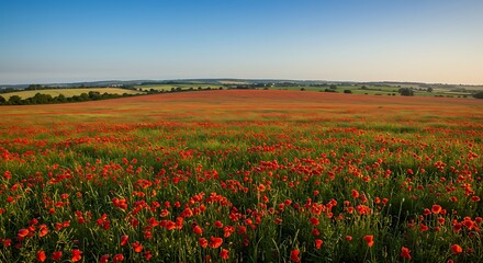 Vibrant field of red poppies stretches to the horizon under a clear blue sky