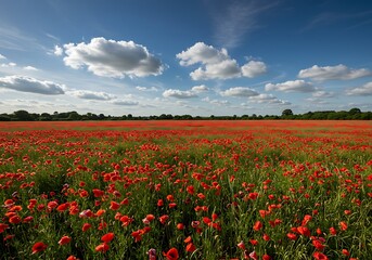 Vibrant Field of Red Poppies Under a Sunny Blue Sky with Fluffy Clouds