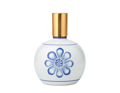 Round white ceramic bottle, blue floral design, gold cap, on black background