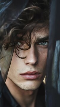 A young man with long hair and blue eyes