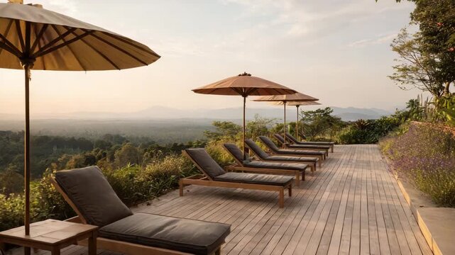 Ultra HD Sun loungers and umbrellas on a wooden deck overlooking a scenic landscape video, lounge chairs and parasols video
