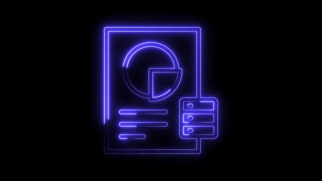 Glowing neon style data report with pie chart and database server animation