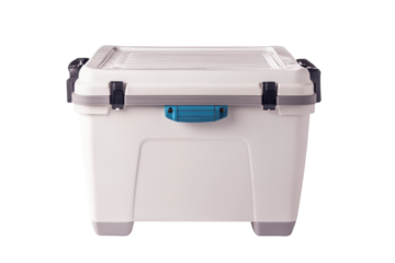 White portable cooler box with blue latches isolated on transparent background. Cooler isolated on white background.