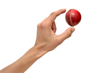 Hand holding red cricket ball ready to throw isolated on a transparent background 1
