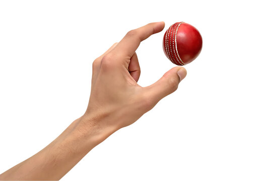 Hand holding red cricket ball ready to throw isolated on a transparent background 1