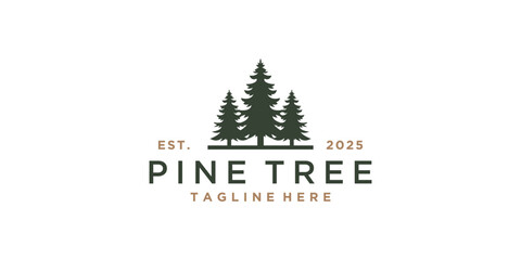 Pine tree logo design with green forest silhouette, minimalist nature symbol