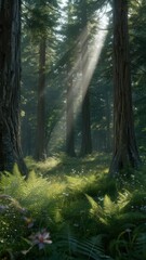 Fototapeta premium Forest sunlight beams through tall trees