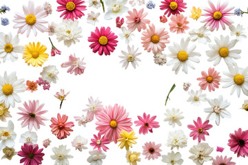 Colorful daisy flowers scattered on a black background isolated on transparent background. Daisies isolated on white background.