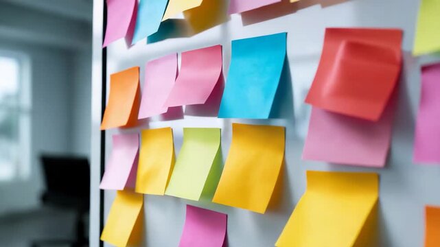 Ultra HD Colorful sticky notes attached to a wall in an office for brainstorming ideas video, sticky paper on the wall in the office video
