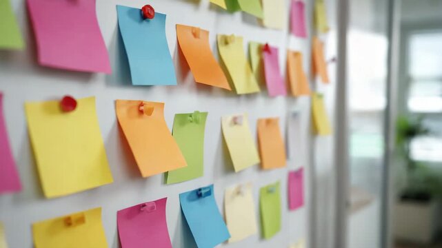 Ultra HD Rotate camera around the sticky notes video, closeup of colorful sticky notes attached to a wall in an office environment video