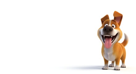 Joyful 3D Cartoon Dog with Wide Grin and Pink Tongue, Isolated on Bright White Background