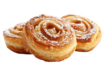 Golden brown croissants dusted with powdered sugar isolated on transparent background. Danish pastry isolated on white background.