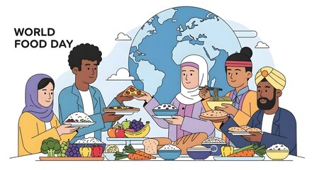 A diverse group of people from different cultures holding plates of food in front of a table laden with various dishes, with a globe in the background, celebrating World Food Day.
