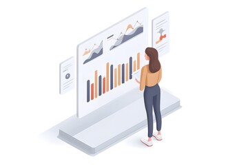 data analyst standing with glowing bar charts and machine learning curves around, professional AI startup theme, 3d animation, isolated on a white background