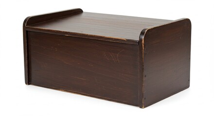 Dark brown wooden bread box storage container isolated on a white background.