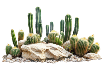 A variety of tall green cactus and small fuzzy succulents isolated on transparent background. Desert landscape with cacti isolated on white or white background.
