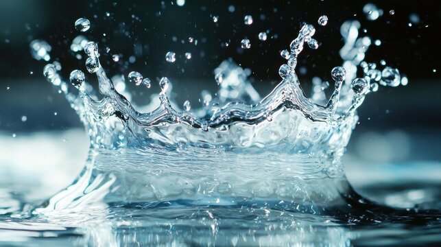 Water crown impact macro photography liquid splash formation with crystal clear droplets frozen motion high speed capture professional lighting dynamics