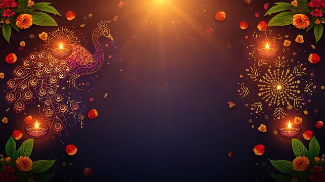 Diwali Celebration Background with Candles, Flowers, and Festive Lights.