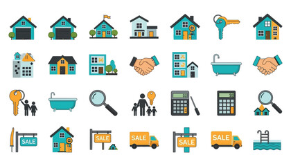 Vector art of collection of real estate icons and symbols representing houses, keys, sale signs, and property transactions