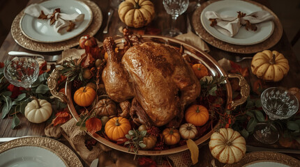 A bountiful harvest. An autumn table setting with colorful pumpkins, flowers, and a homemade baked turkey. The concept of a Thanksgiving feast.