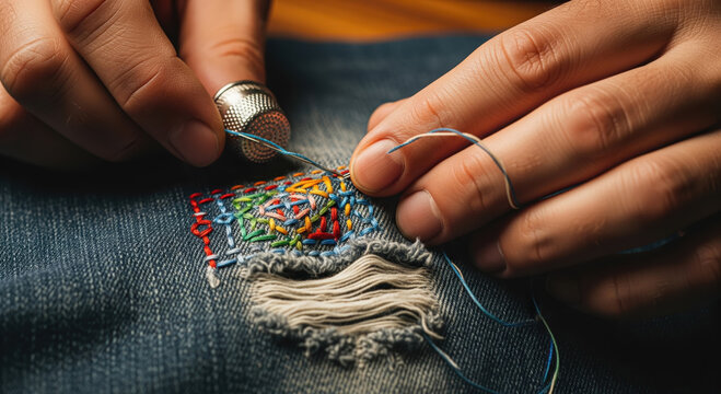 Closeup of hands with thimble doing intricate visible mending on jeans, person creating colorful sashiko embroidery patch on torn denim