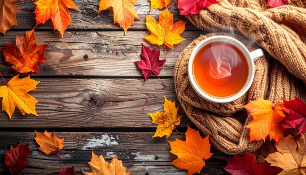 A warm cup of steaming tea wrapped in a cozy knitted scarf, surrounded by colorful autumn leaves on a rustic wood background - Powered by Adobe