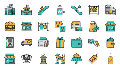 Vector art of collection of retail and shopping icons, including stores, escalators, food, gifts, and payment methods
