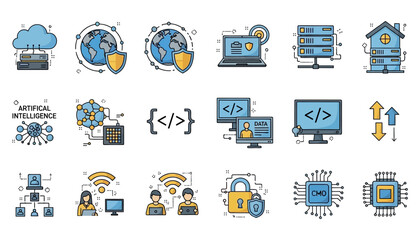Vector art of collection of technology and computer icons representing data, security, networking, artificial intelligence, and programming concepts