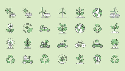 Vector art of collection of ecofriendly icons representing renewable energy, sustainability, and green living, including wind turbines, solar panels, electric cars, and recycling symbols